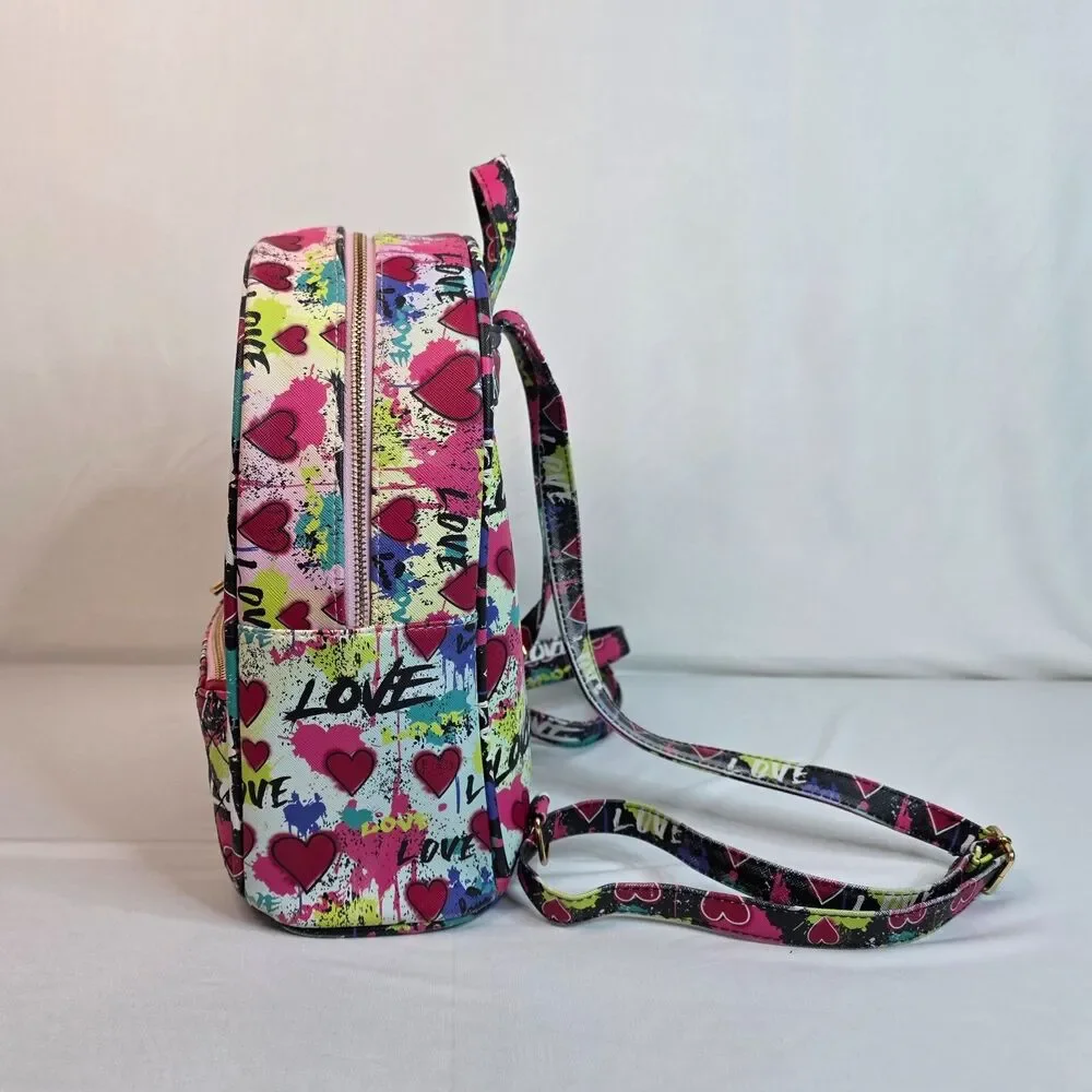 Under One Sky Love Heart Mini Backpack & Matching Zip Pouch Pink Graffiti Bag